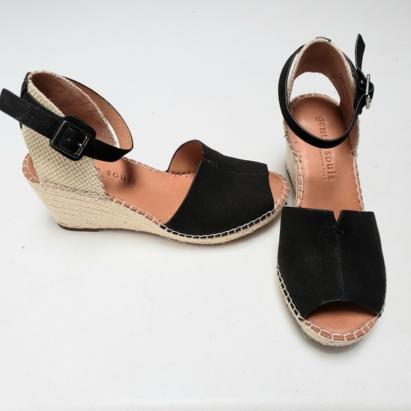 Kenneth Cole Leather Black Strap 8.5 Wedge Sandals - Picture 1 of 8